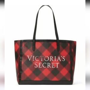 Victoria's Secret Black Red Buffalo Plaid Weekender Large Tote Bag NWT